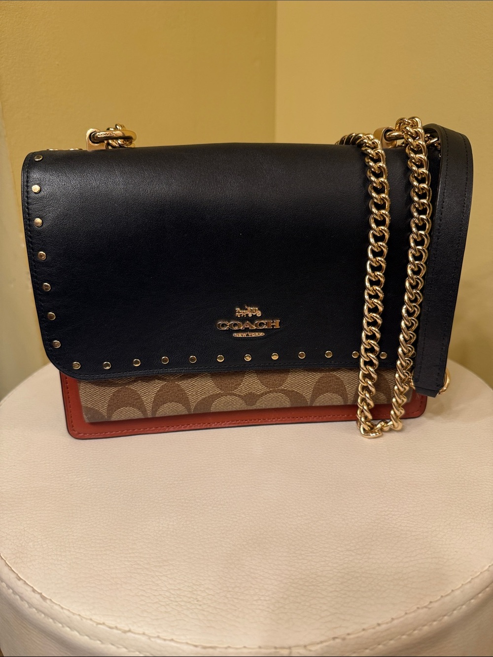 Coach Black Leather & Signature Canvas Crossbody with Gold Chain